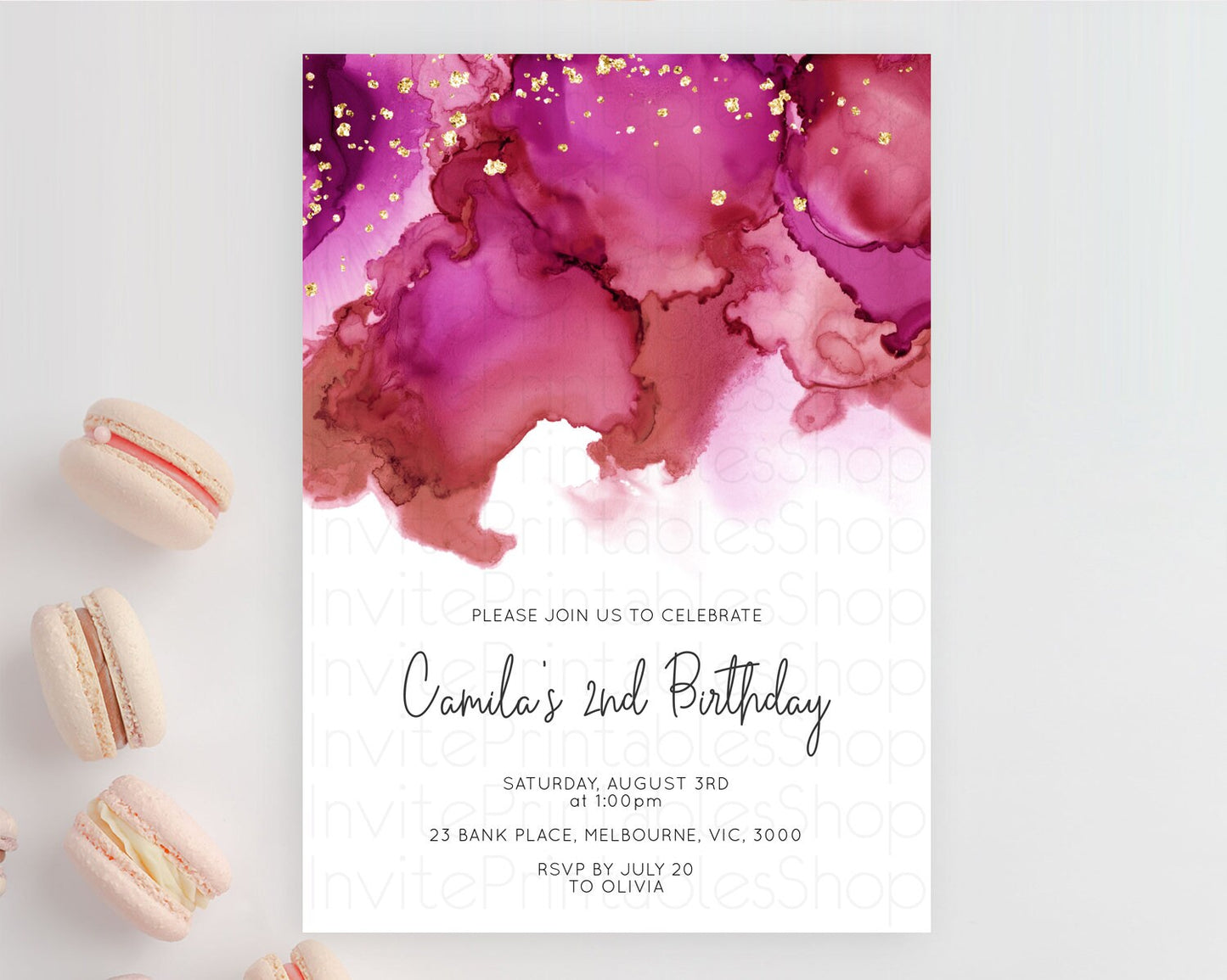 Pink Birthday Invitation pink Watercolor Invitation Pastel pink Watercolor Invitation pink Splash Gold Invitation 1st First Birthday D11069