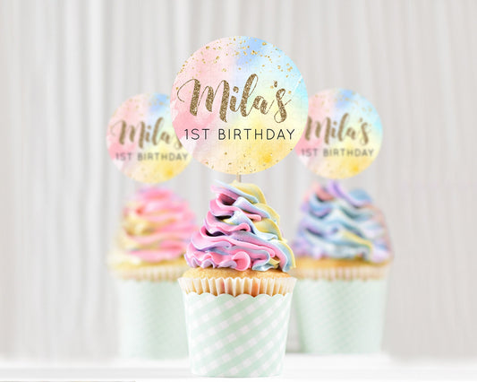 Editable Rainbow Cupcake Toppers Pastel Cupcake Toppers Colorful Pastel Wate