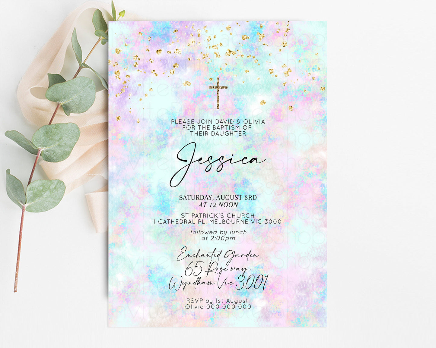 Pastel Baptism Invitation Rainbow Christening Invitation Holy Communion Invite Baptism 1st Birthday Sprinkles Ombre Watercolor Splash 605