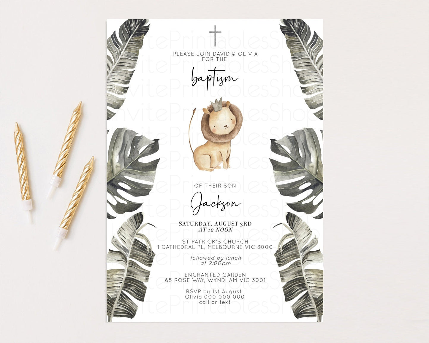 Cute Lion Baptism Invitation Baby Lion Cub Christening Invitation Watercolor Safari Jungle Baby Lion Palm Leaf Holy Communion 584