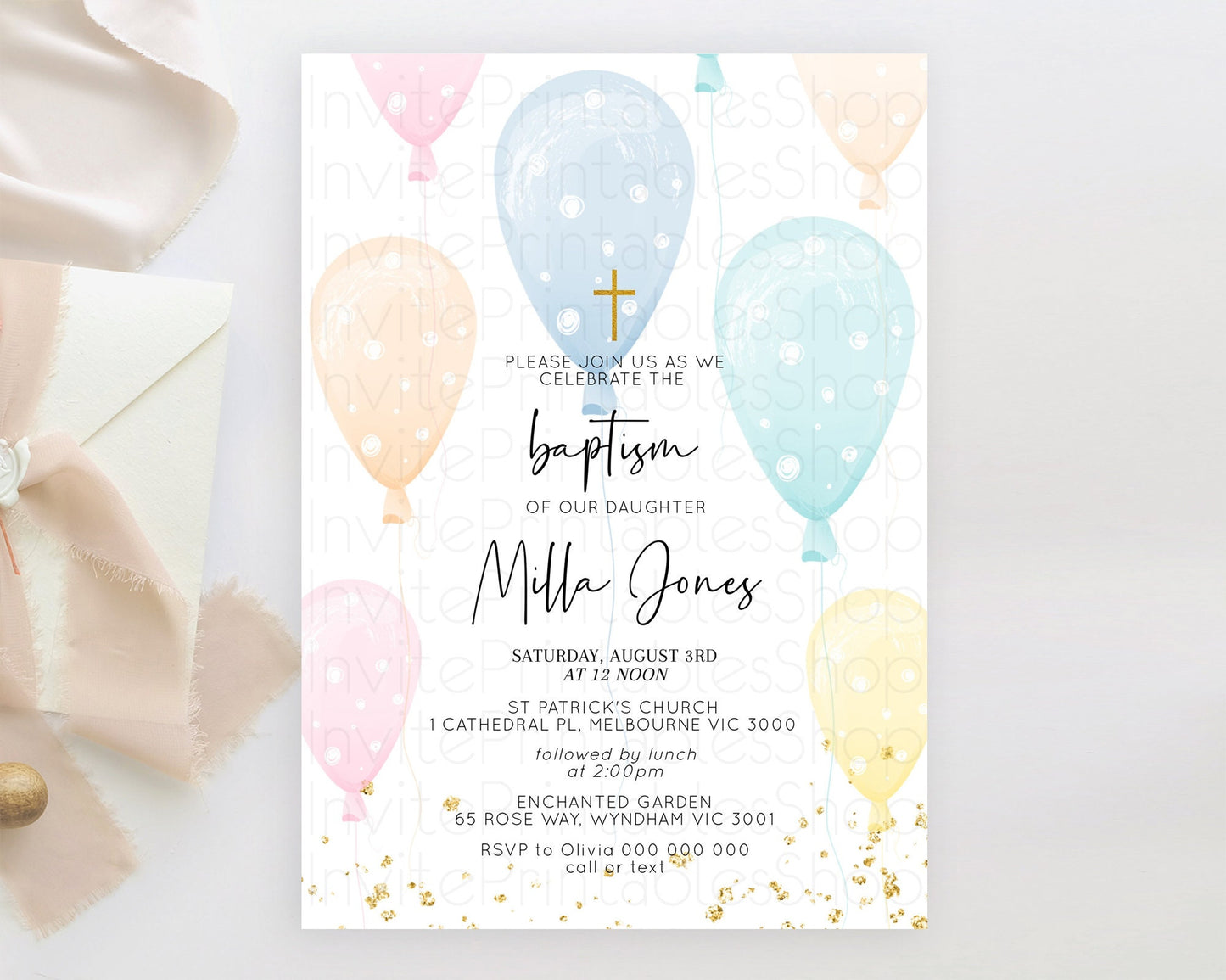 Balloon Baptism Invitation Pastel Baptism 1st Birthday Invitation Pastel Balloon Christening Invite Colorful Rainbow Balloon Invites D10776