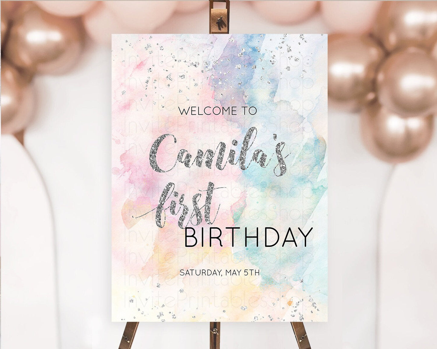 Pastel Rainbow Welcome Sign Pastel Welcome Board Pastel Colorful Party Poster Confetti Watercolor Silver First Birthday Welcome Sign D10944
