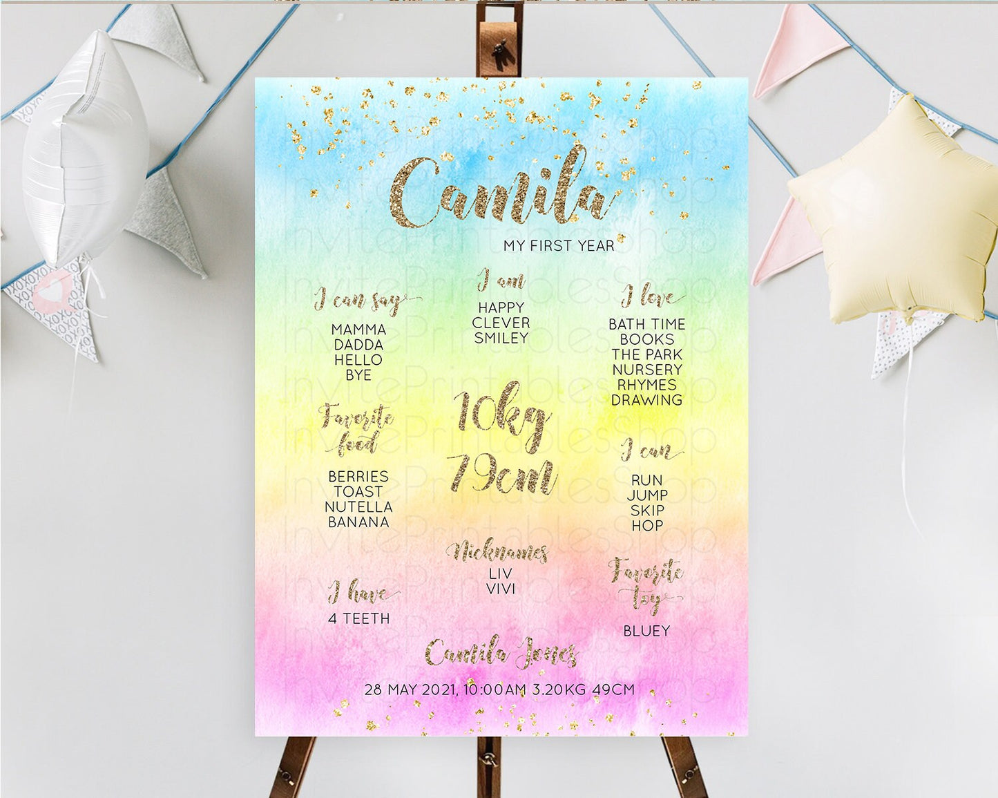 Pastel First Birthday Milestone Board Pastel Rainbow Milestone Poster Colorful Confetti Watercolor Glitter 1st Birthday Welcome Sign D10479