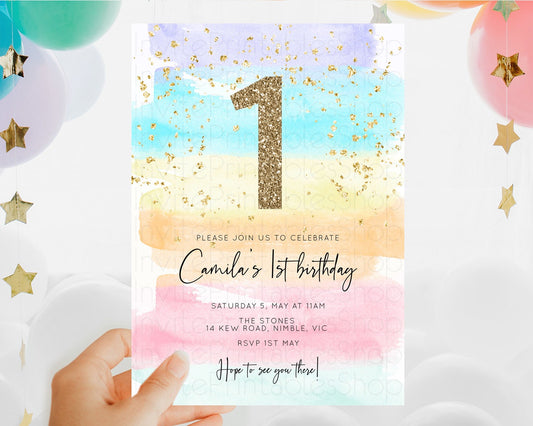 Rainbow Birthday Invitation Colorful Pastel Watercolor Invitation Gold Glitter Sprinkles Ombre Pastel 1st 2nd 3rd Birthday D10505