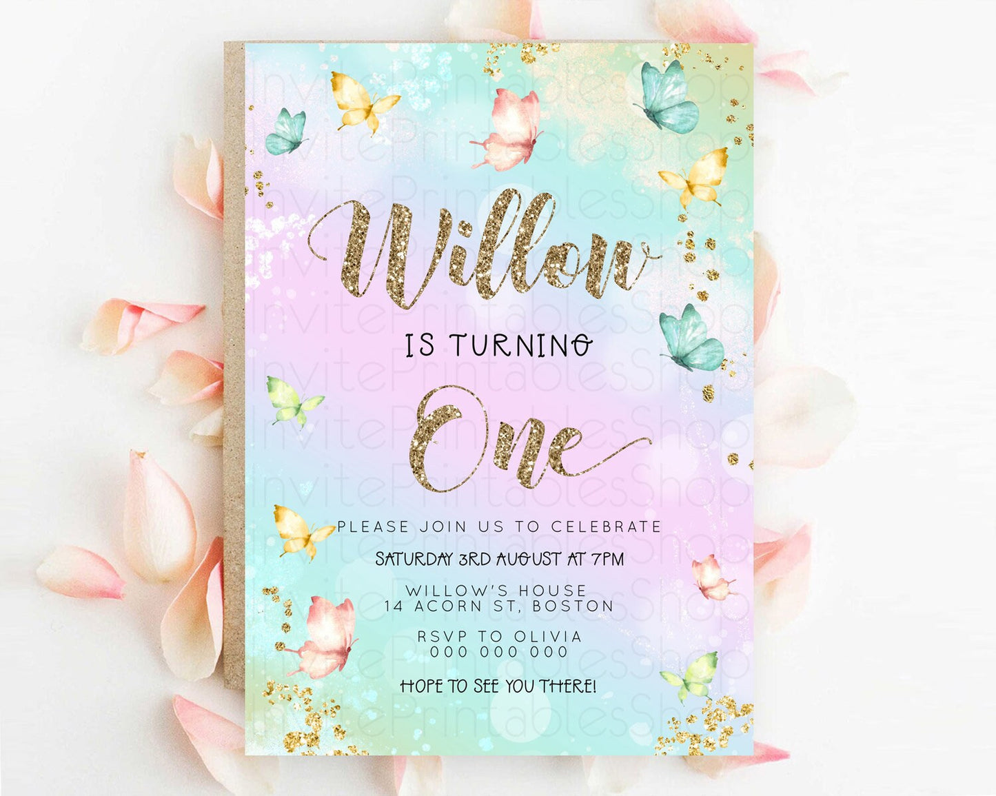 Pastel Butterfly Birthday Invitation Butterfly Birthday Invitation Colorful Splash Glitter Butterfly Garden 1st 2nd Birthday D23090