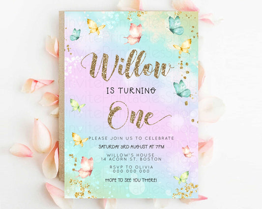 Pastel Butterfly Birthday Invitation Butterfly Birthday Invitation Colorful Splash Glitter Butterfly Garden 1st 2nd Birthday D23090