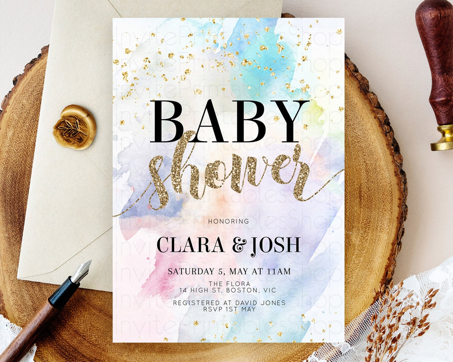 Pastel Baby Shower Invitation Rainbow Baby Shower Invitation Colorful Pastel Watercolor Invitation Gold Glitter Sprinkles Ombre D10421