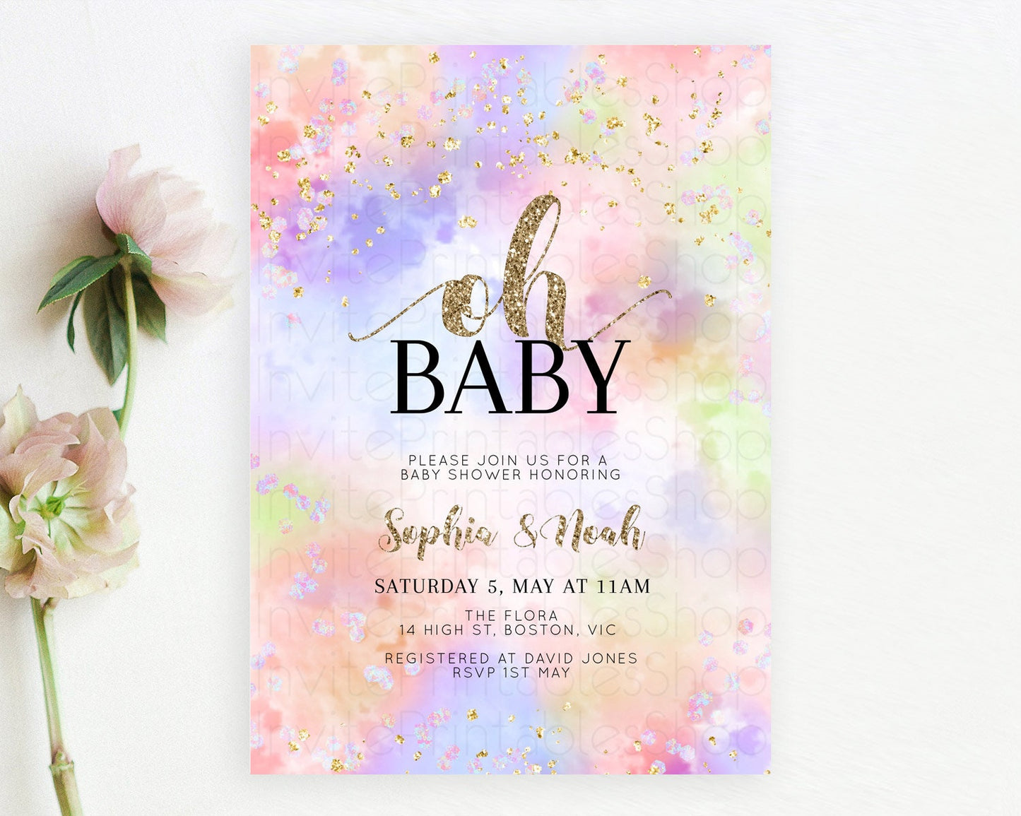 Pastel Baby Shower Invitation Rainbow Baby Shower Invitation Colorful Pastel Watercolor Invitation Gold Glitter Sprinkles Ombre D11019