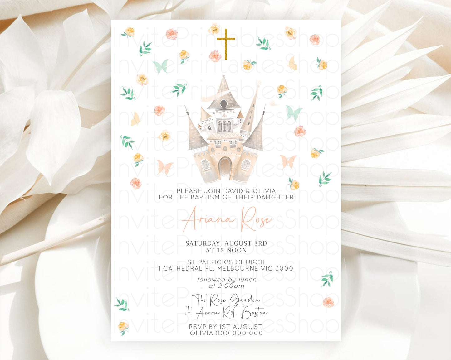 Princess Baptism Invitation Enchanted Castle Baptism 1st Birthday Invitation Royal Party Pastel Floral Secret Garden Christening D10363