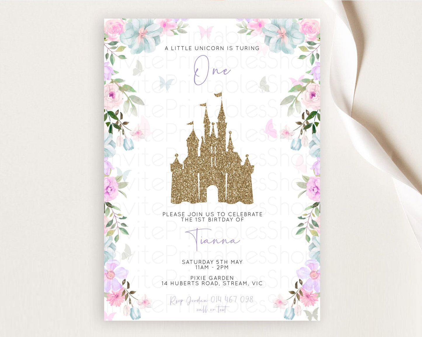 Princess Birthday Invitation Castle Invitation Royal Birthday Fairy Tale Enchanted Castle Pastel Floral Garden 1st First Birthday D10470