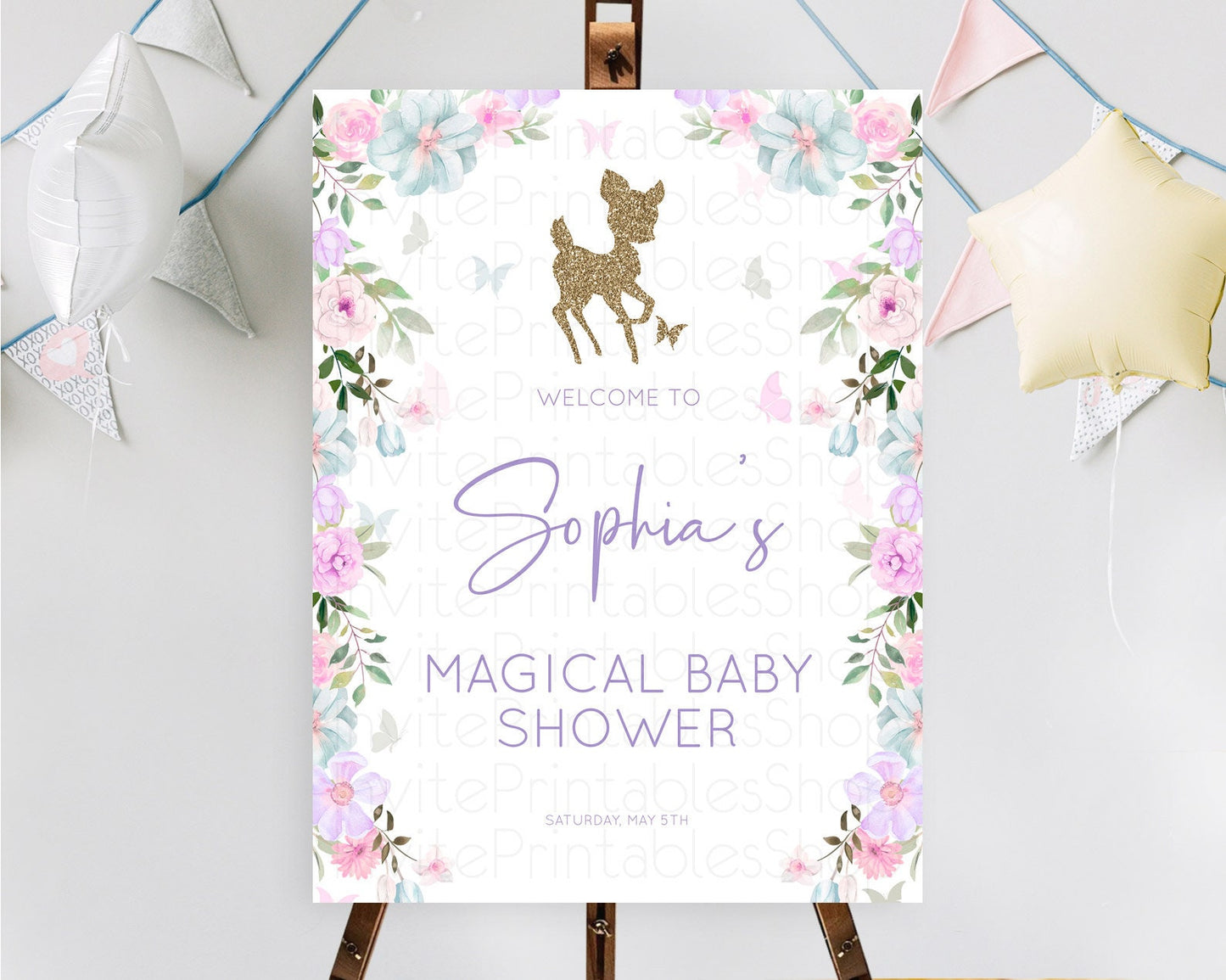 Fawn Baby Shower Welcome Sign Deer Welcome Board Floral Deer Welcome Poster Enchanted Forest Butterfly Pastel Floral Welcome Sign D10476