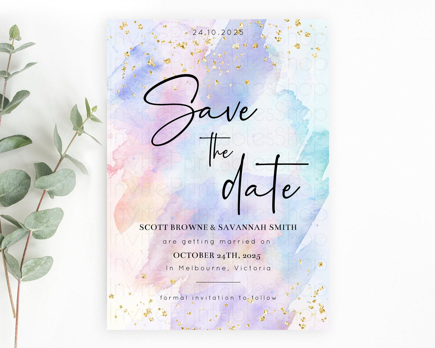 Pastel Save The Date Template Pastel Ombre Rainbow Watercolor Colorful Party For Birthday Baptism Baby Shower Wedding Bridal Shower D10585