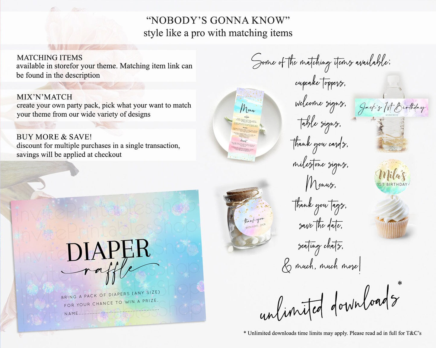 Rainbow Diaper Raffle Card Pastel Diaper Insert Colorful Pastel Watercolor Ombre Diaper Ticket Iridescent Sprinkles Raffle Game D10665