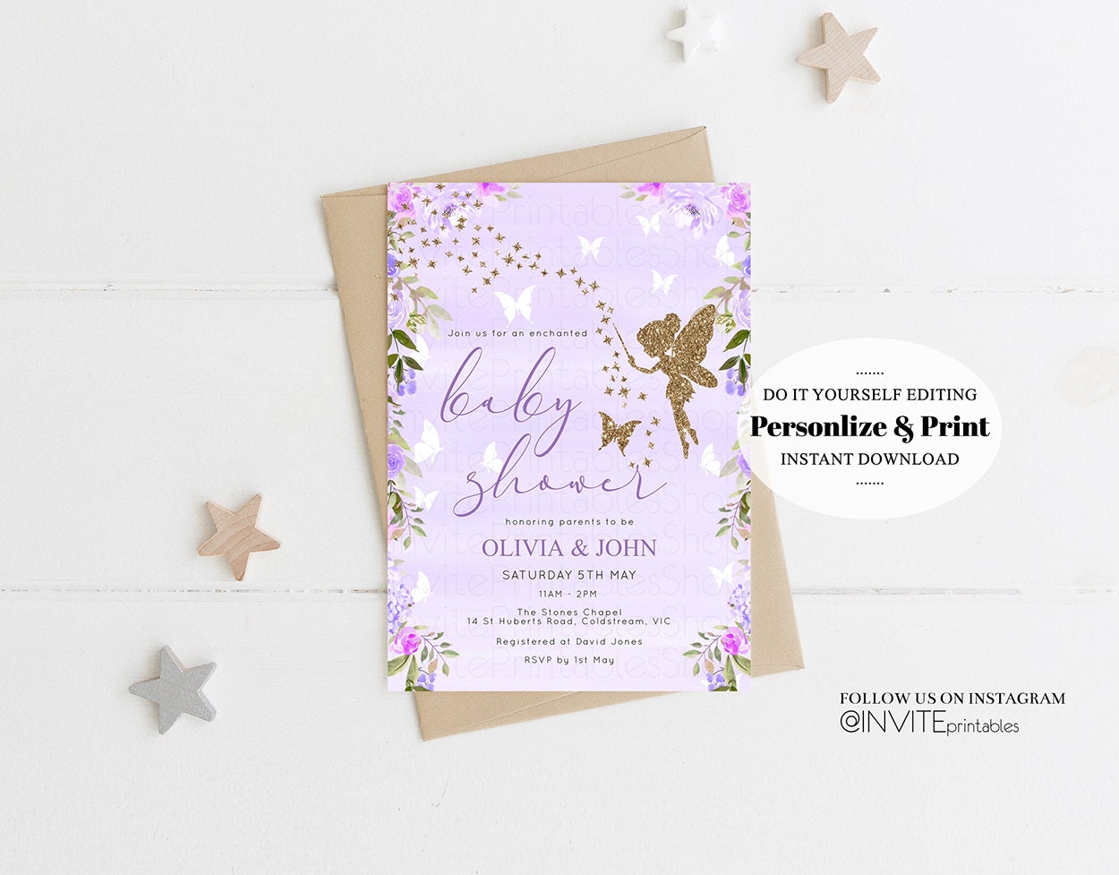 Fairy Baby Shower Invitation Enchanted Baby Shower Tinkerbell Gold Glitter Pixie Sprinkle Twinkle Stars Fairytale Purple Watercolor Flowers