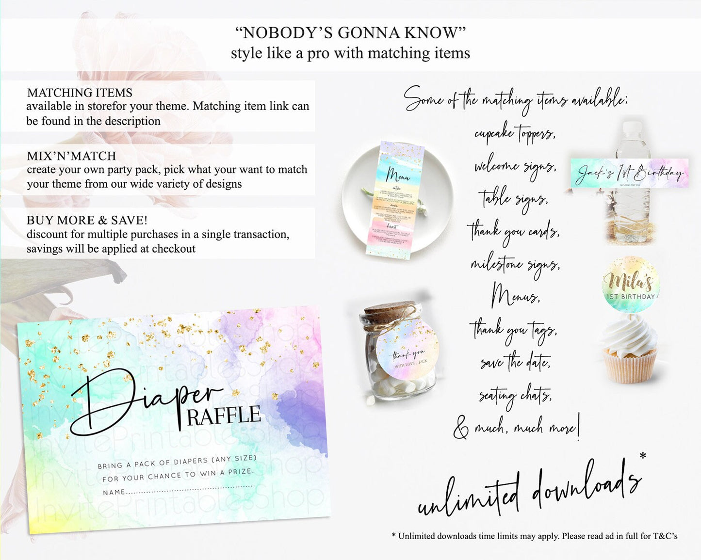 Pastel Diaper Raffle Card Pastel Rainbow Diaper Raffle Insert Colorful Ombre Watercolor Diaper Ticket Confetti Glitter Raffle Game D10158