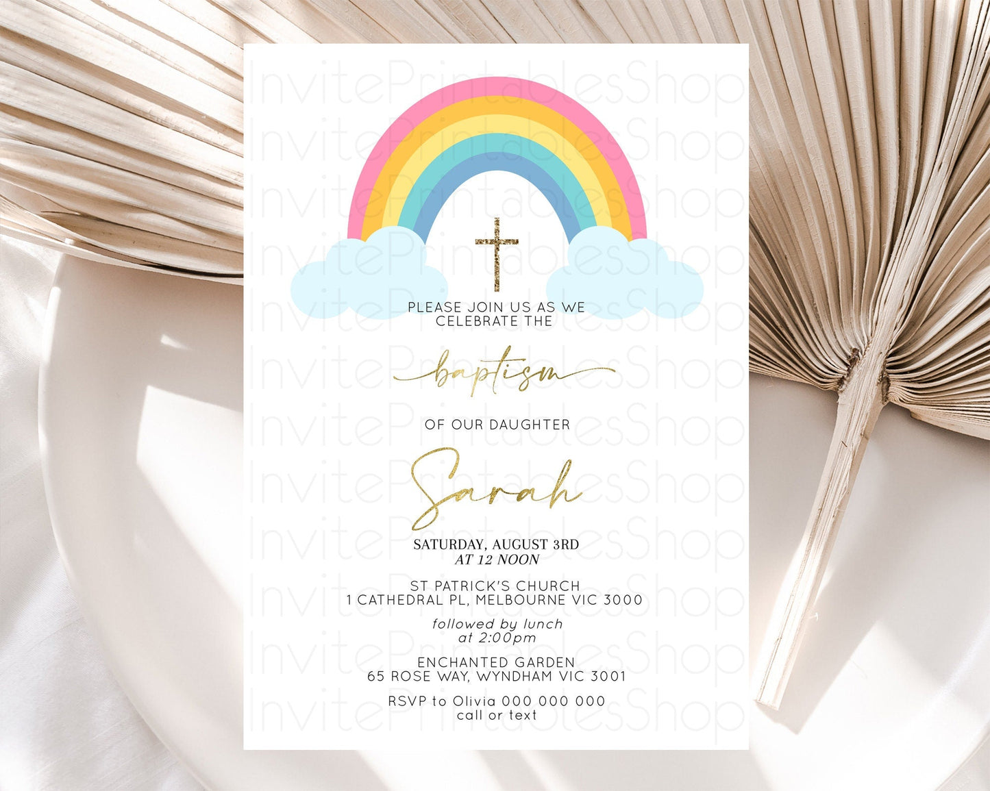 Pastel Rainbow Baptism Invitation Boho Rainbow Baptism 1st Birthday Invitation Rainbow Pastel Watercolor Christening Invitation D10123