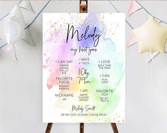 Pastel First Birthday Milestone Board Pastel Rainbow Milestone Poster Colorful Confetti Watercolor Glitter 1st Birthday Welcome Sign D10316