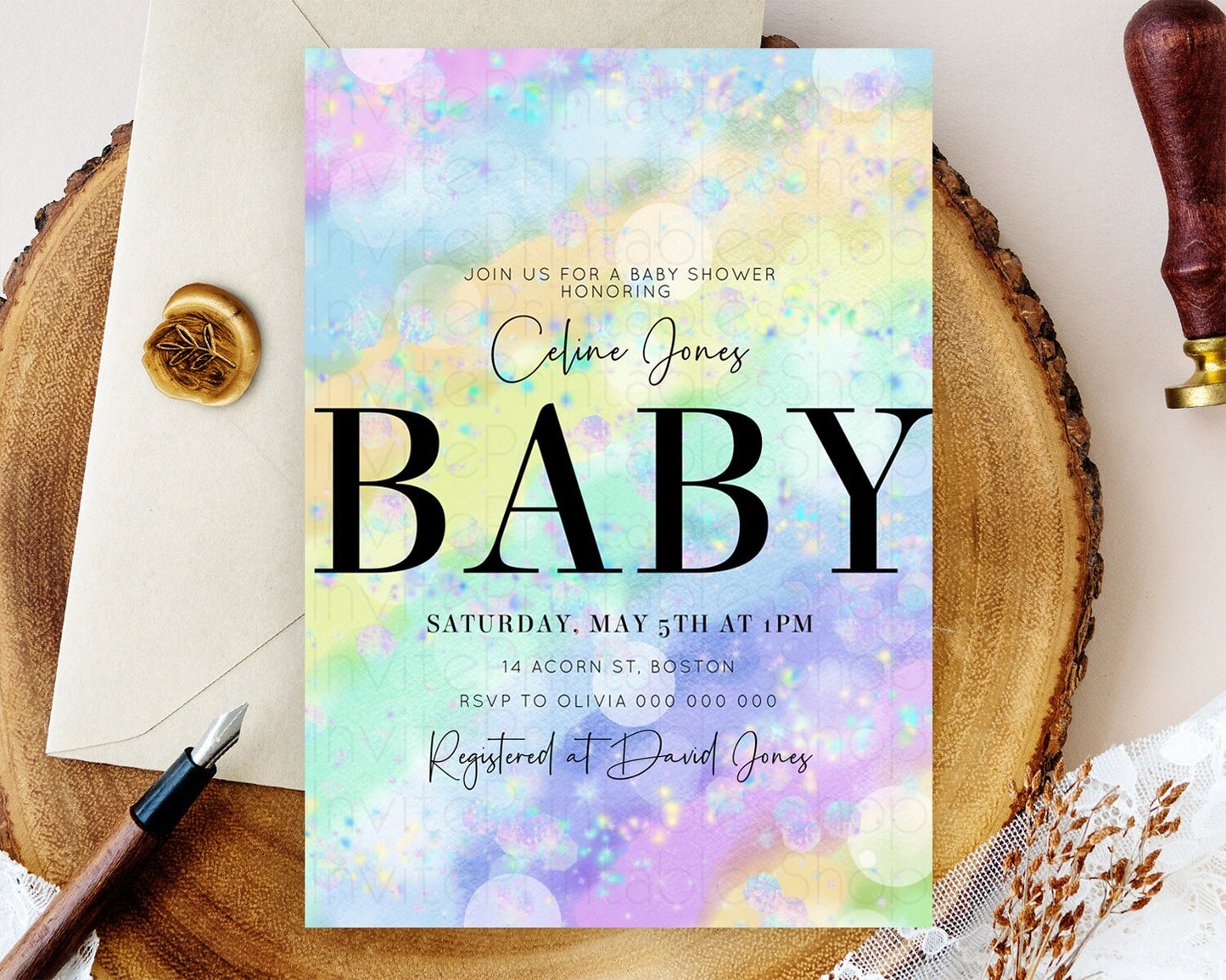 Rainbow Baby Shower Invitation Pastel Rainbow Baby Invitation Pastel Watercolor Invitation Colorful Ombre Sprinkle Shower D10689