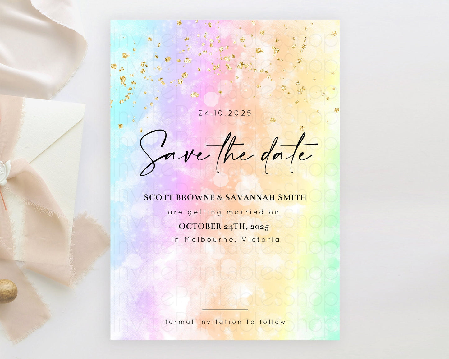 Pastel Save The Date Template Pastel Ombre Rainbow Watercolor Colorful Party For Birthday Baptism Baby Shower Wedding Bridal Shower D10647