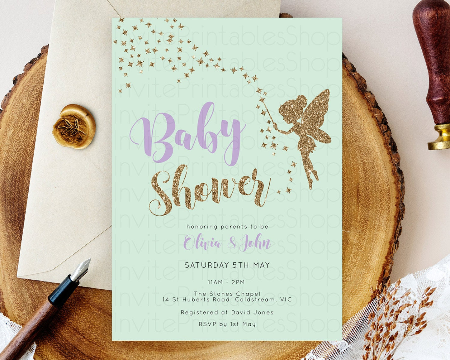 Fairy Baby Shower Invitation, Enchanted Garden, Secret Garden, Pastel Green, Glittering Magic, Pixie Dust, Whimsical Fairy, Butterfly D10908
