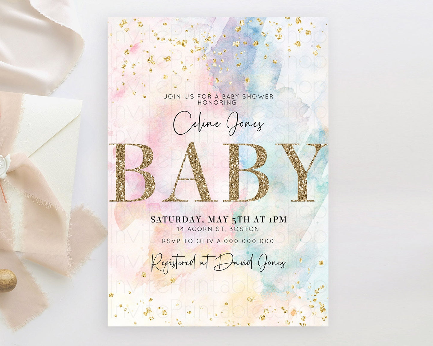 Pastel Baby Shower Invitation Rainbow Baby Shower Invitation Colorful Pastel Watercolor Invitation Gold Glitter Sprinkles Ombre D10263