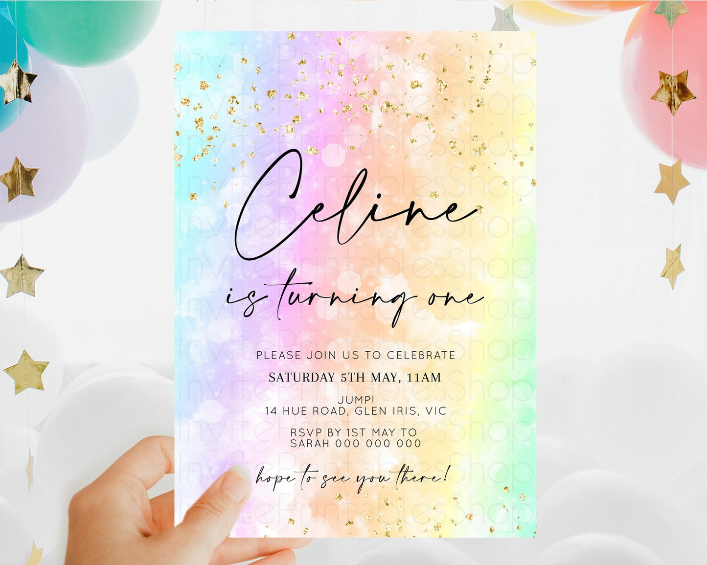 Rainbow Birthday Invitation Colorful Pastel Watercolor Invitation Gold Glitter Sprinkles Ombre Pastel 1st 2nd 3rd Birthday D10647