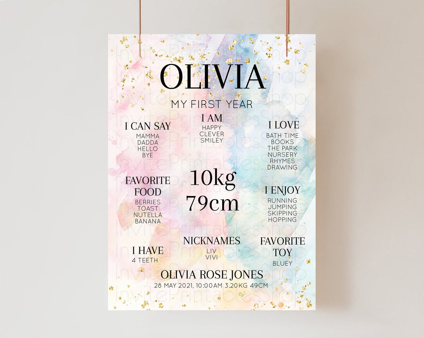 Watercolor Rainbow Baby Milestone Board First Birthday Poster Welcome Board 1st Birthday Keepsake Sign Colorful Splash Pastel Glitter 276