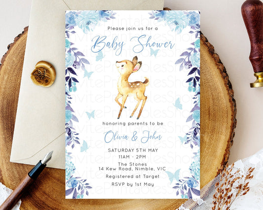 Enchanted Forest Baby Shower Invitation: Secret Garden Fawn, Deer, Butterflies, and Blue Flowers - Whimsical Woodland Theme D10917