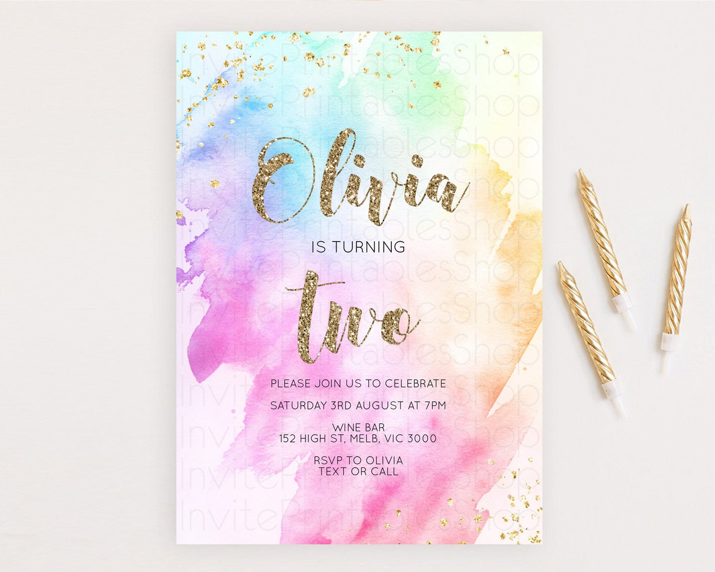 Rainbow Birthday Invitation Colorful Pastel Watercolor Invitation Gold Glitter Sprinkles Ombre Pastel 1st 2nd 3rd Birthday D10450