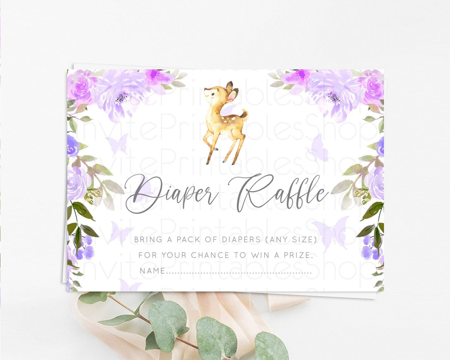 Fawn Diaper Raffle Card Deer Diaper Insert Floral Deer Diaper Ticket Enchanted Forest Butterfly Pastel Baby Shower Raffle Game D10916