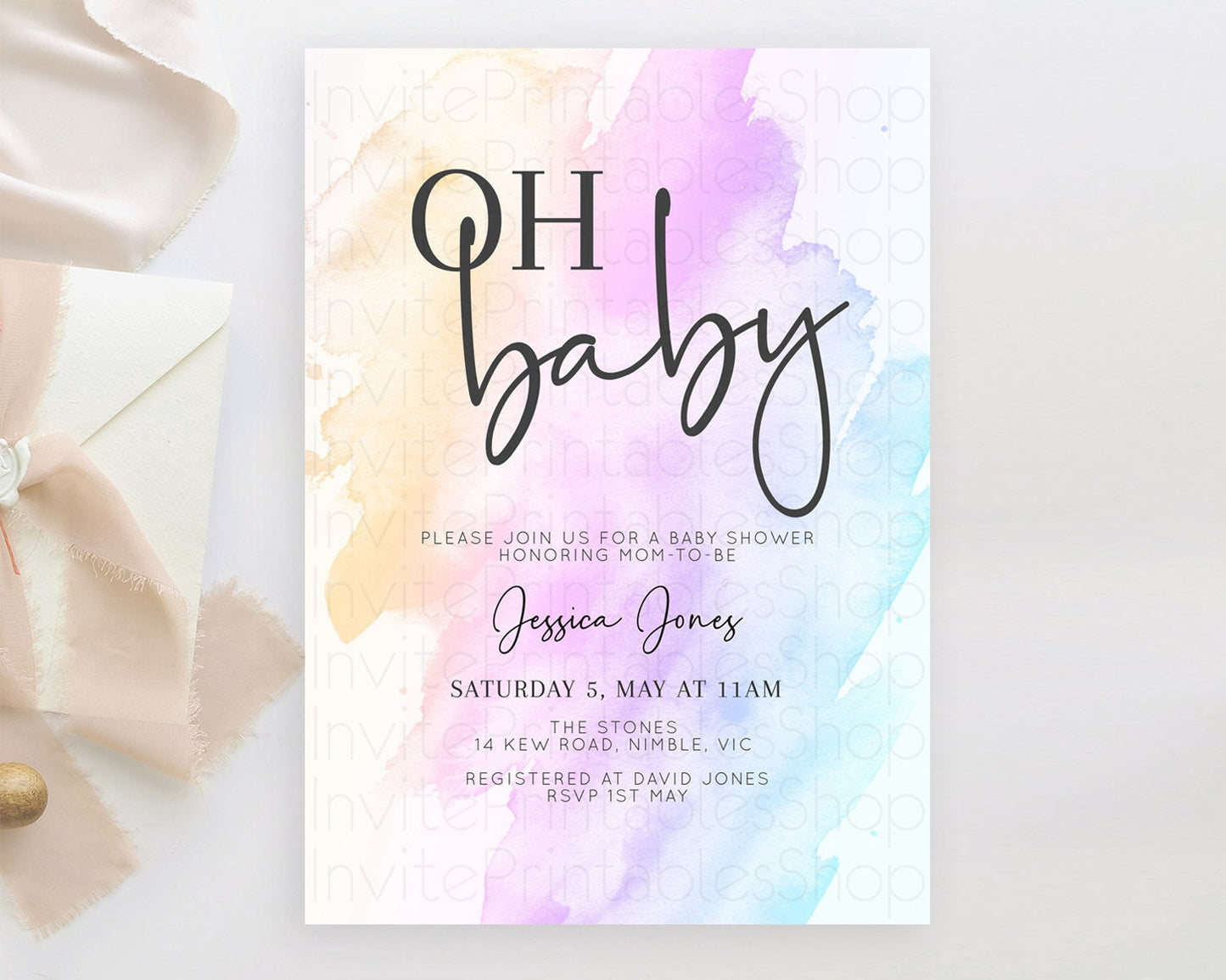 Pastel Baby Shower Invitation Rainbow Baby Shower Invitation Colorful Pastel Watercolor Invitation Gold Glitter Sprinkles Ombre D10177