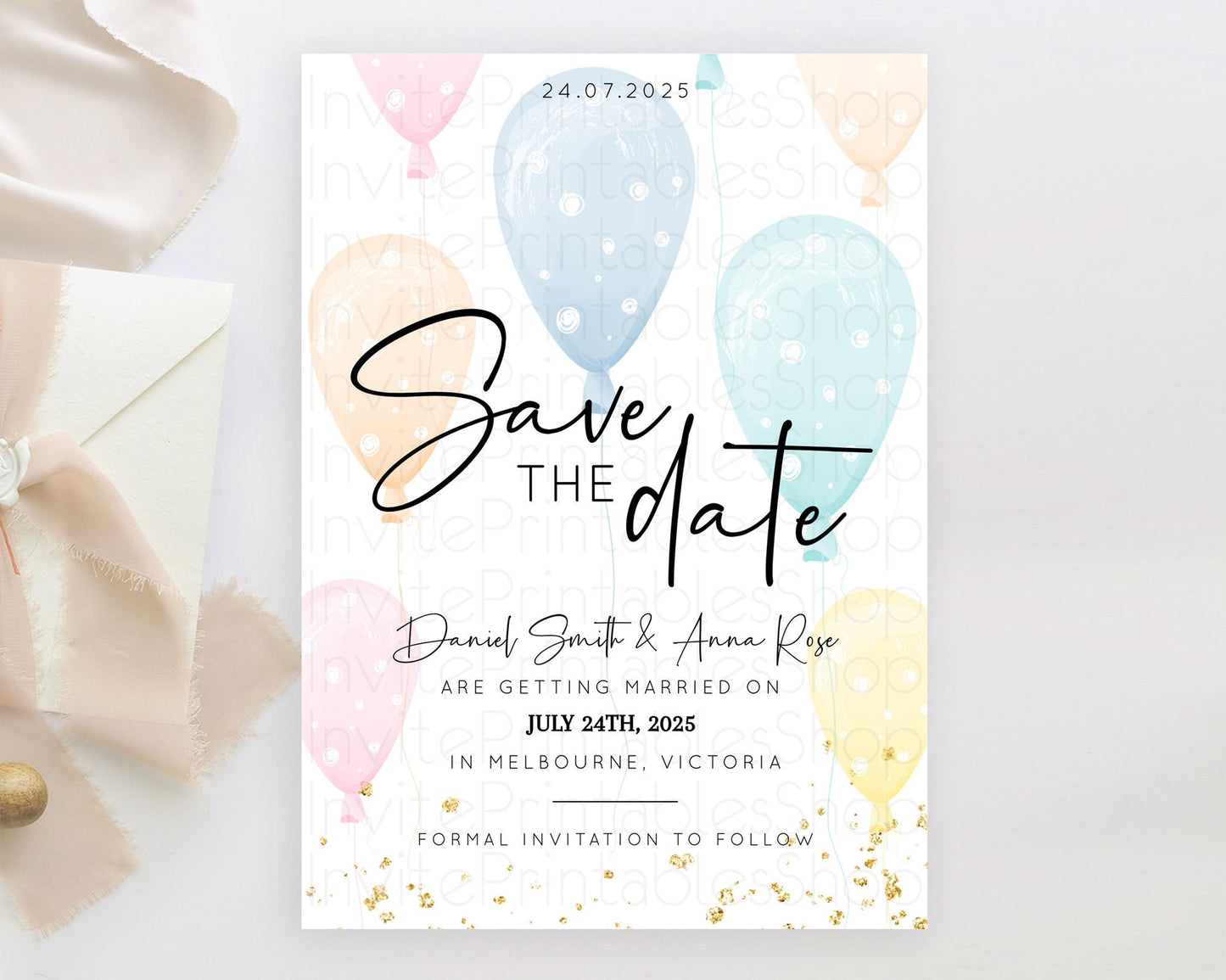 Pastel Balloons Save The Date Rainbow Confetti Balloon Party Colorful Balloon Save The Date Template Birthday Baby Shower Baptism  D10776