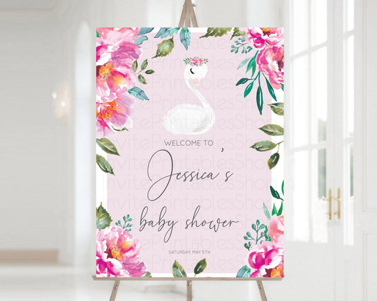 Swan Baby Shower Welcome Board Swan Princess Ballet Welcome Sign Enchanted Swan Lake Secret Garden Pastel Floral Swan Welcome Sign D10757