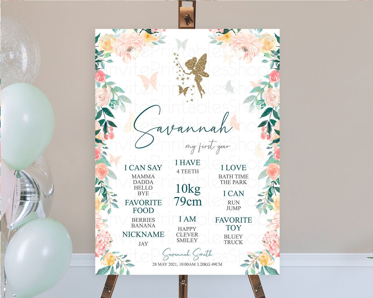 Fairy First Birthday Milestone Poster Fairy Secret Garden Milestone Board Enchanted Garden Pastel Floral Butterfly 1st Birthday Sign D10239