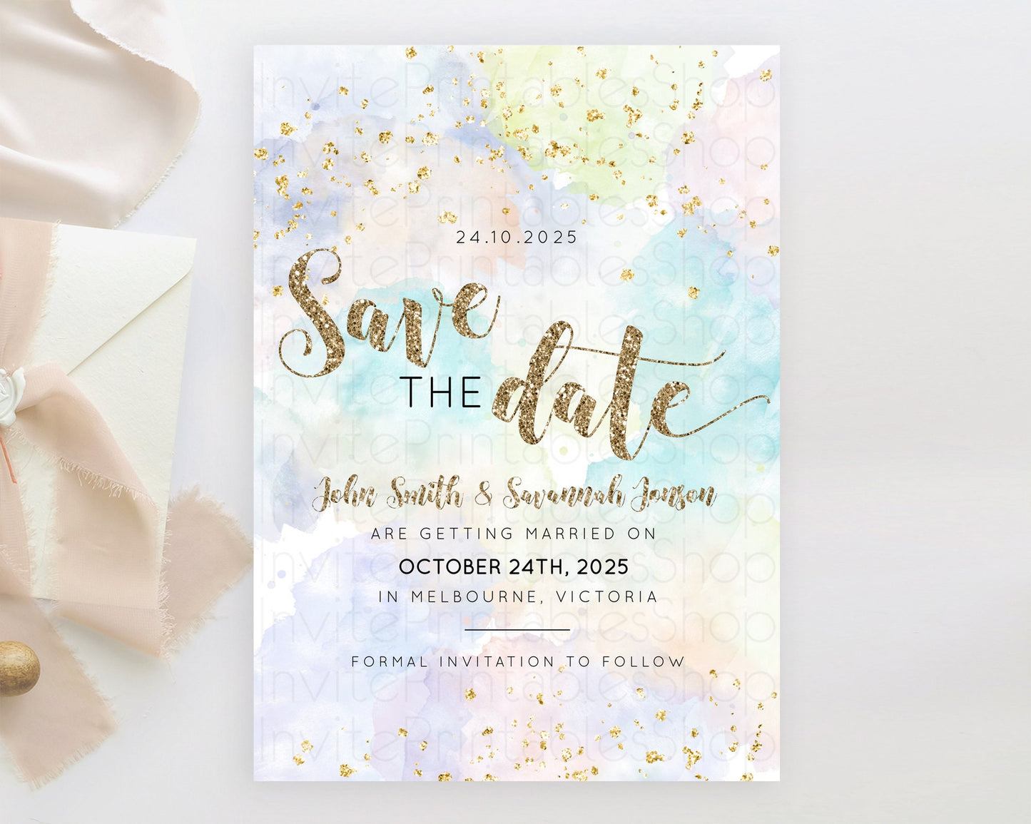 Pastel Save The Date Template Pastel Ombre Rainbow Watercolor Colorful Party For Birthday Baptism Baby Shower Wedding Bridal Shower D10613