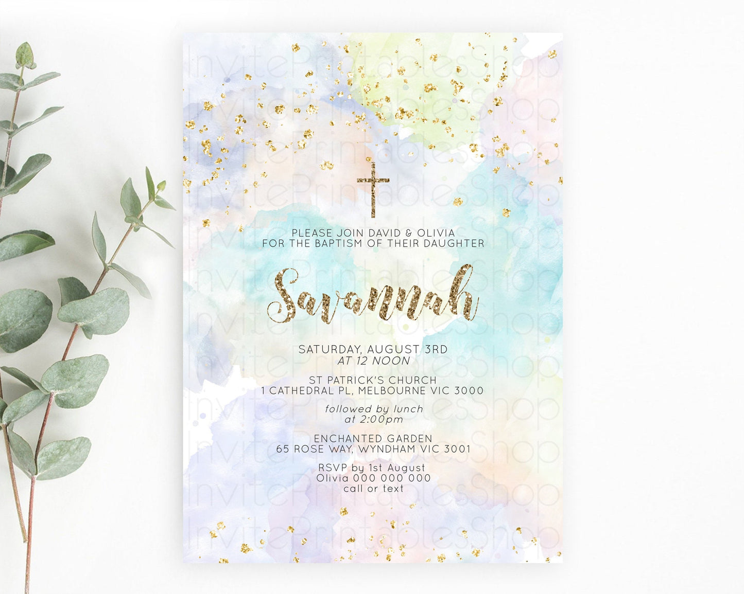 Pastel Baptism Invitation Pastel Colors Watercolor Baptism 1st Birthday Party Gold Ombre Pastel Rainbow Christening Holy Communion D10614