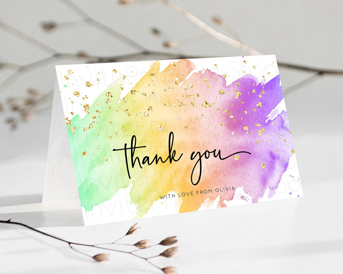 Pastel Thank You Rainbow Thank You Card Colorful Pastel Birthday Thank You Card Confetti Watercolor Pastel Teacher Thank You Cards D10518
