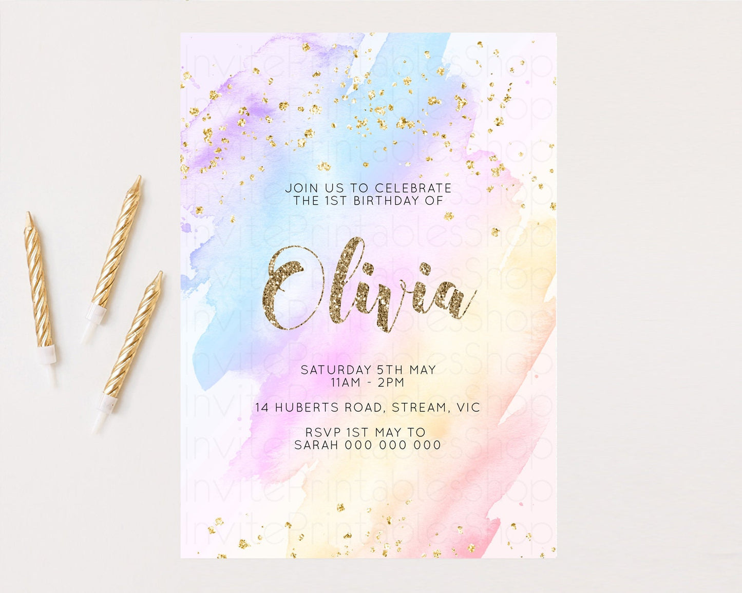Rainbow Birthday Invitation Glitter Pastel Invitation Colorful Watercolor Gold Foil Splatter Sprinkle Ombre 1st 2nd 3rd Birthday Invite g600