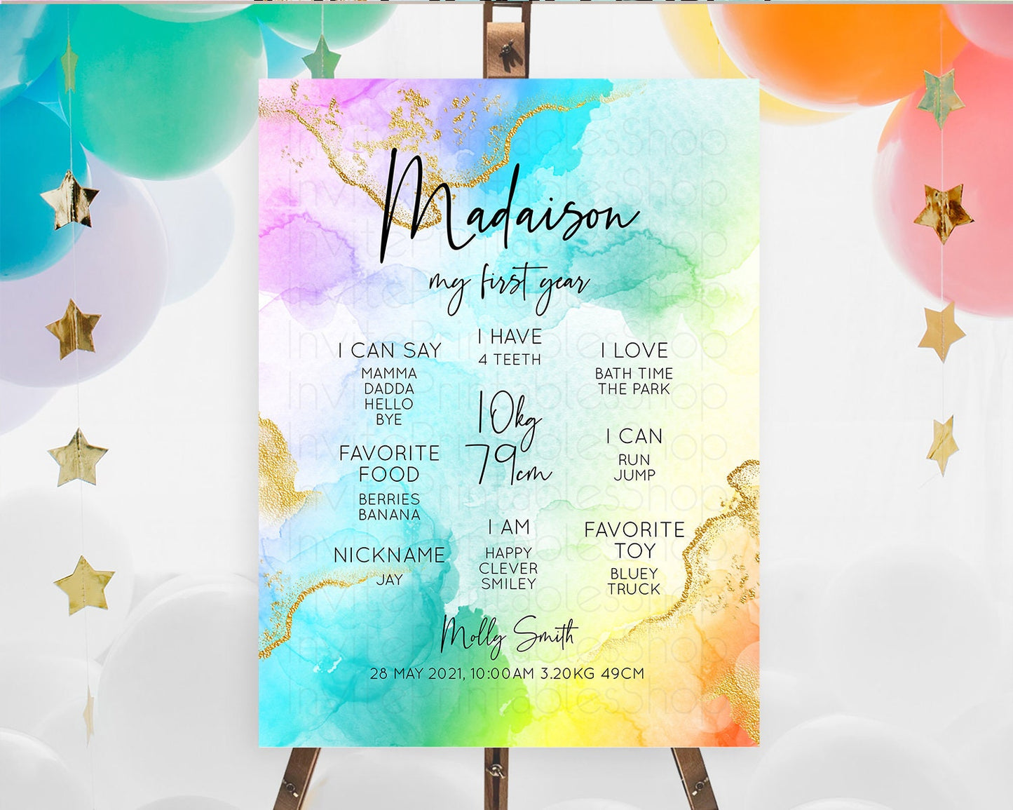 Pastel First Birthday Milestone Board Pastel Rainbow Milestone Poster Colorful Confetti Watercolor Glitter 1st Birthday Welcome Sign D10390