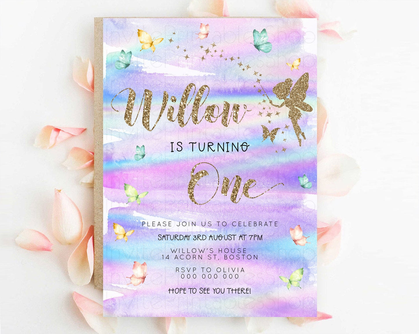 Pastel Fairy Birthday Invitation Pastel Butterflies Fairy Birthday Invitation Rainbow Ombre Watercolor 1st 2nd Birthday Invitation D23309