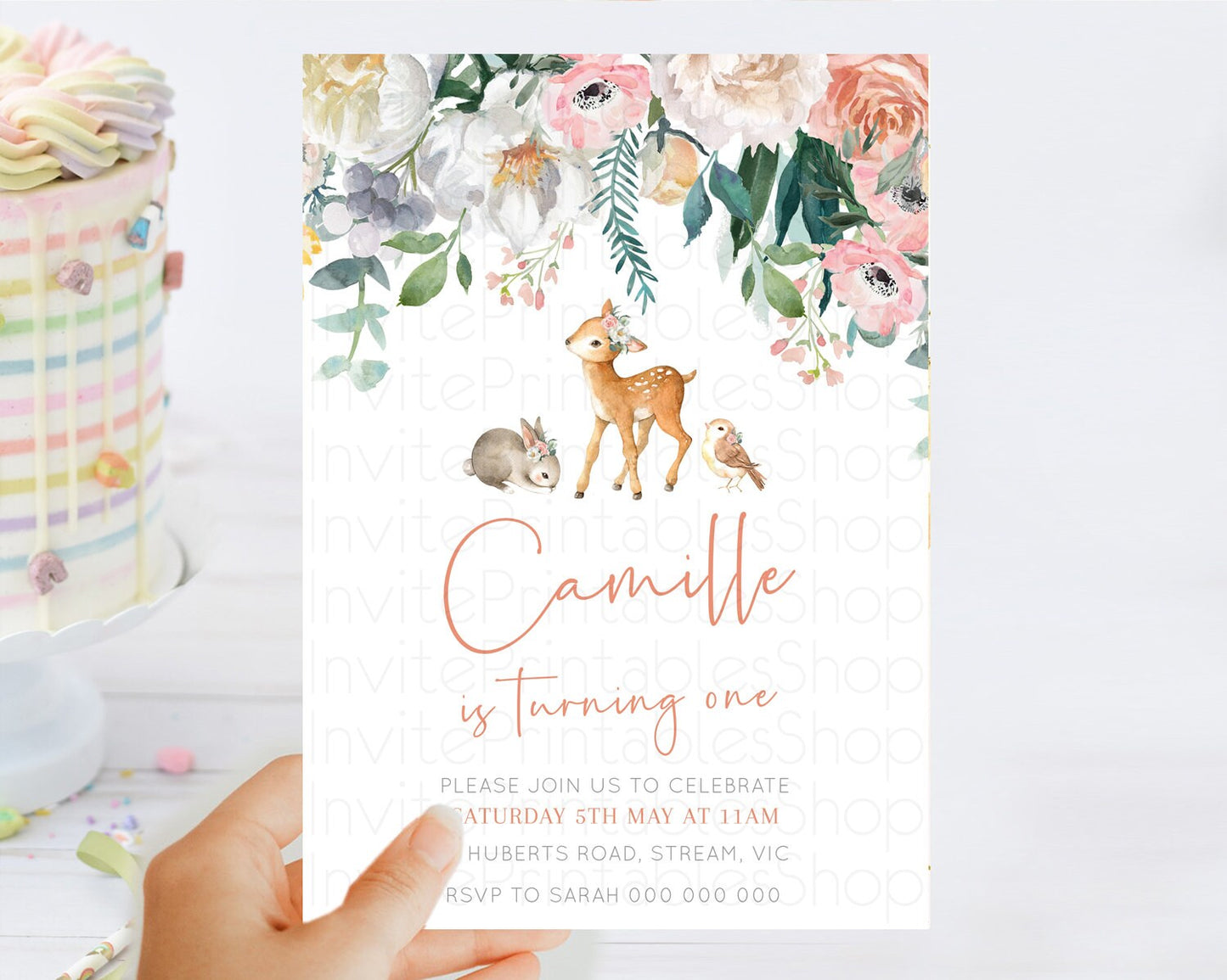 Fawn Birthday Invitation Deer Birthday Invitation Enchanted Forest Party Butterfly Pastel Flowers Whimsical 2nd 1st First Birthday D10733