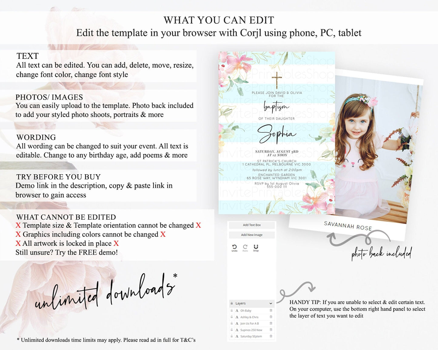 Secret Garden Baptism Invitation Wildflower Baptism Birthday Invite Pastel Flowers Christening Invite Enchanted Garden Boho Floral D10303