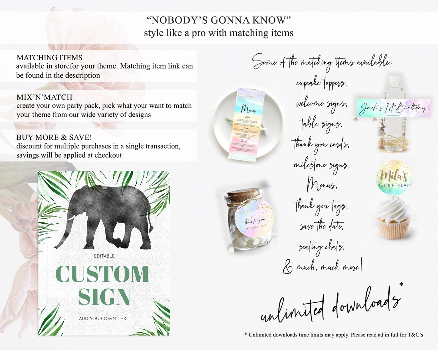 Elephant Sign Elephant Safari Adventure Party Table Sign Decor Dried Palm Fern Zoo 1st Birthday Baptism Baby Shower Bridal Shower D10842