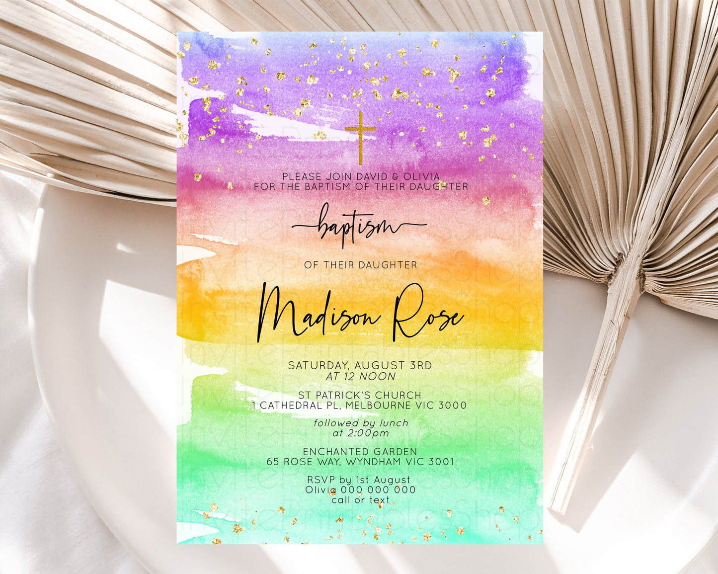 Pastel Baptism Invitation Pastel Colors Watercolor Baptism 1st Birthday Party Gold Ombre Pastel Rainbow Christening Holy Communion D10524