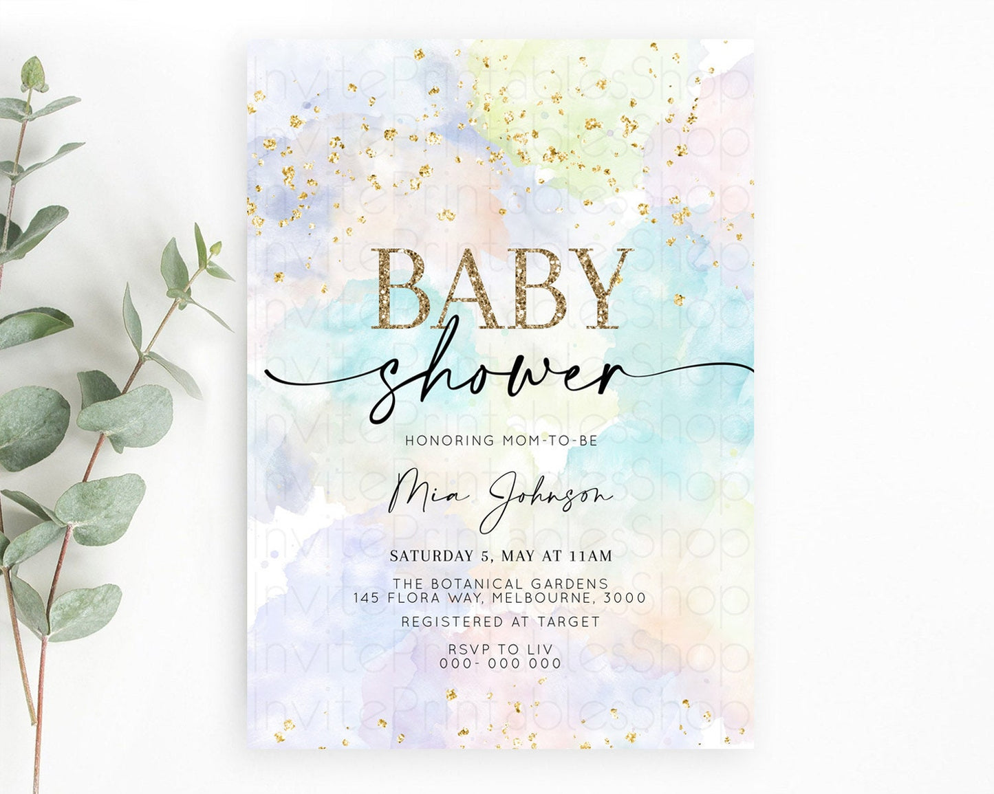 Pastel Baby Shower Invitation Rainbow Baby Shower Invitation Colorful Pastel Watercolor Invitation Gold Glitter Sprinkles Ombre D10613