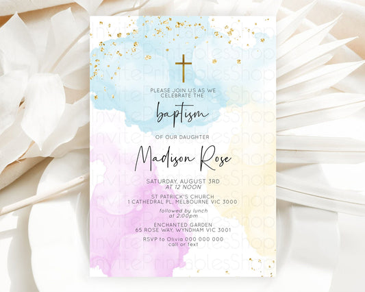 Pastel Baptism Invitation Pastel Colors Watercolor Baptism 1st Birthday Party Gold Ombre Pastel Rainbow Christening Holy Communion D10155