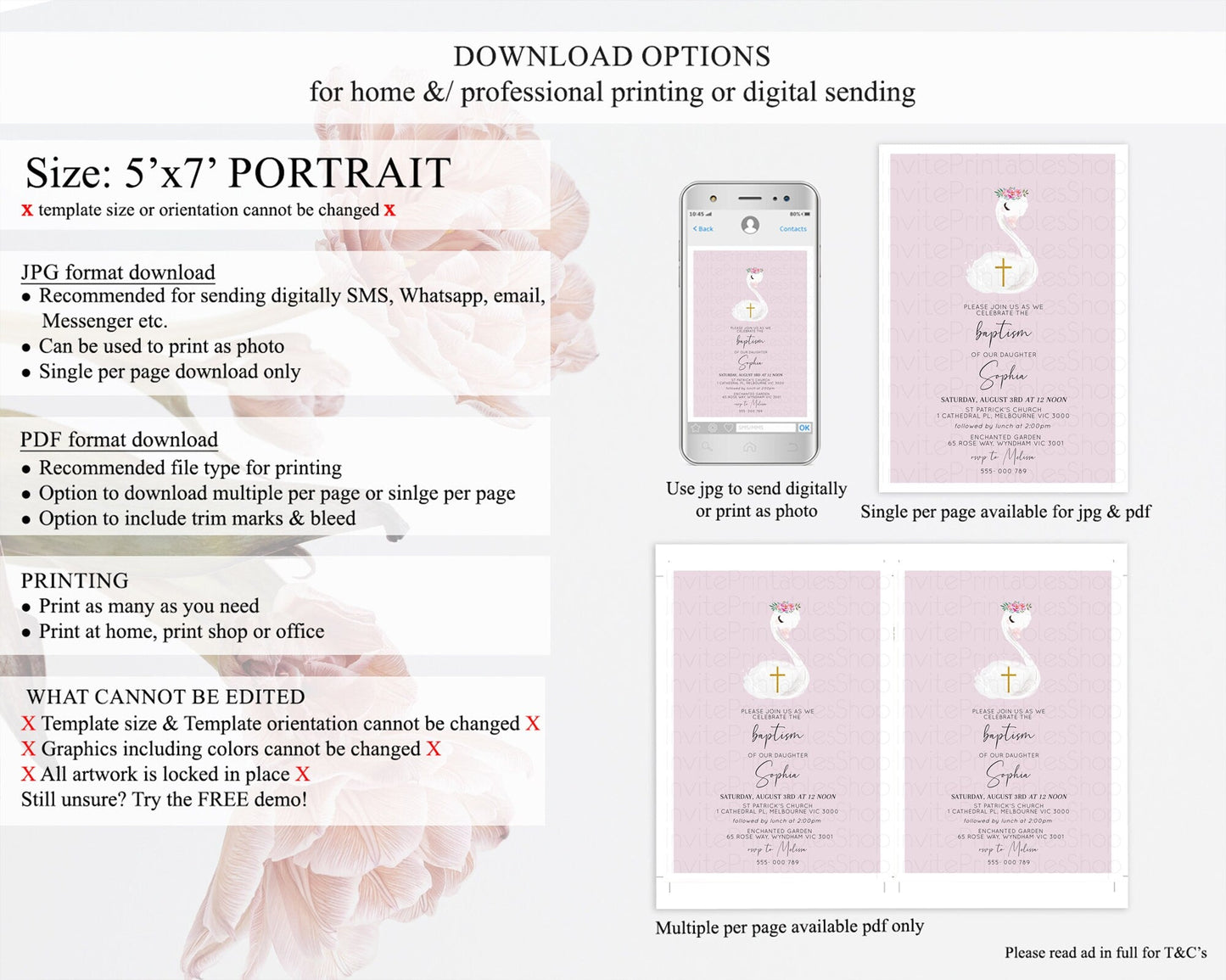 Swan Lake Baptism Invitation Swan Princess Ballet Baptism 1st Birthday Enchanted Forest Secret Garden Watercolour Pastel Floral D10758