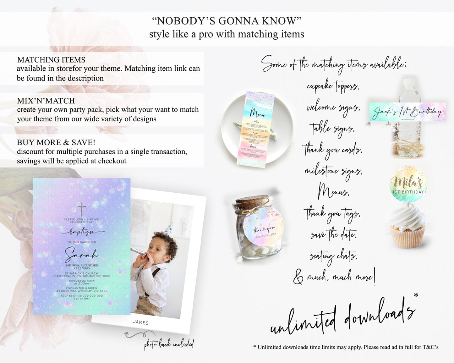 Rainbow Baptism Invitation Colorful Pastel Watercolor Baptism 1st Birthday Invitation Iridescent Glitter Sprinkles Ombre Christening D10663