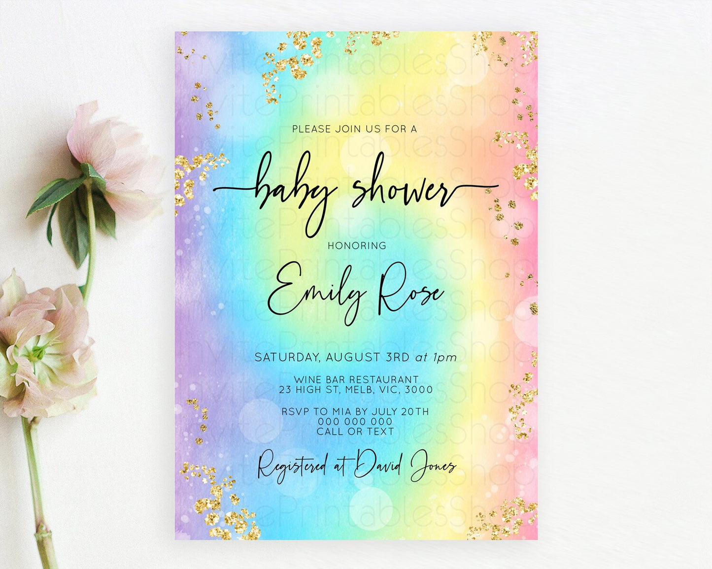 Pastel Baby Shower Invitation Rainbow Baby Shower Invitation Colorful Pastel Watercolor Invitation Gold Glitter Sprinkles Ombre D10568