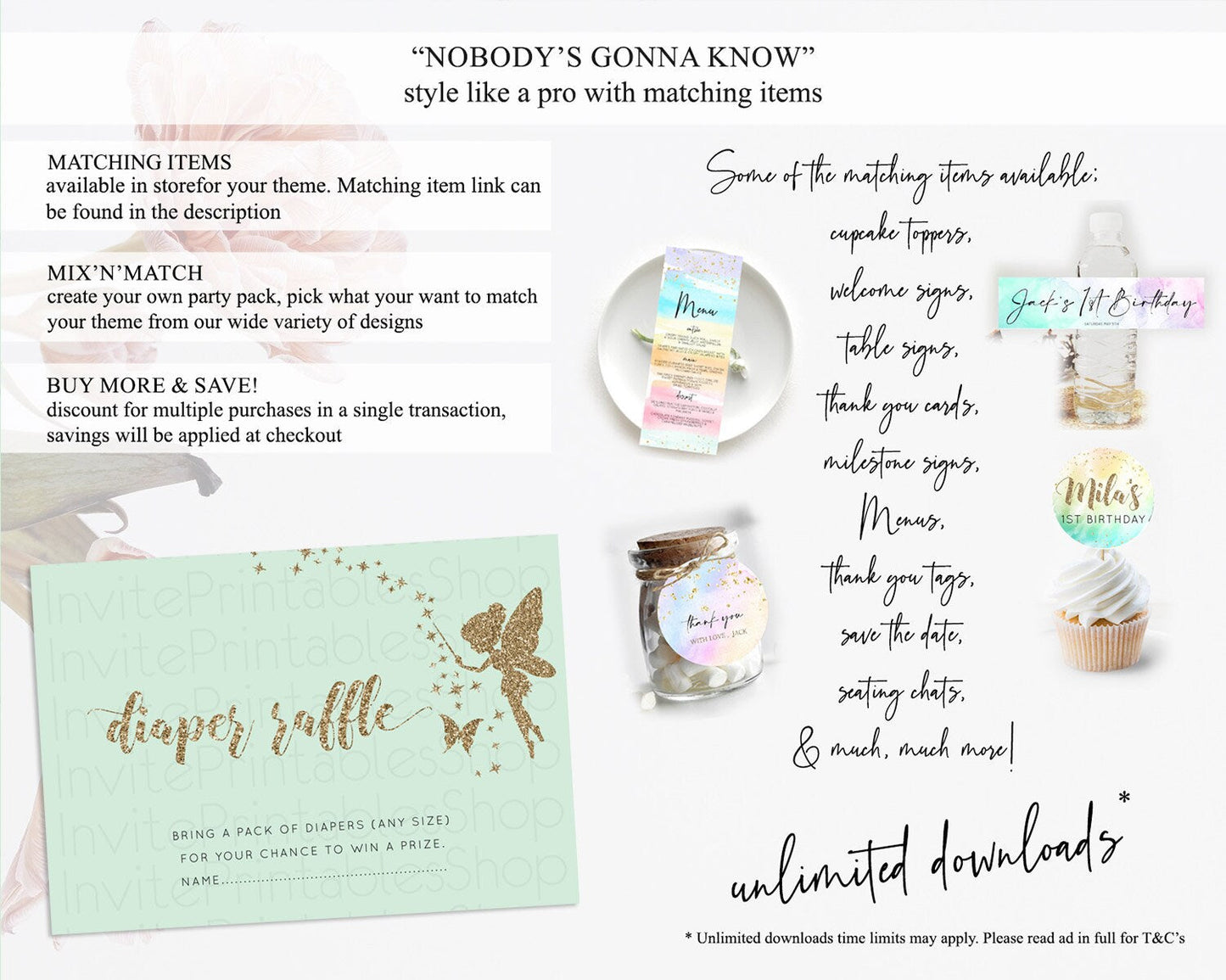 Fairy Diaper Raffle Card Fairy Diaper Insert Enchanted Garden Fairy Diaper Ticket Pastel Floral Butterfly Secret Garden Raffle Game D10908